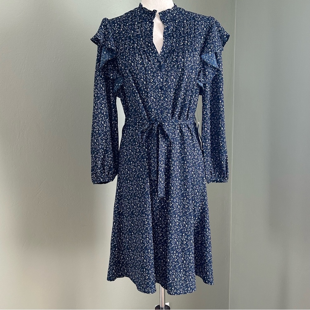 NWT SAMPLE bishop + young long sleeve blue floral midi‎ dress size small women’s